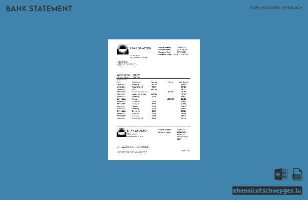 Beispiel-Excel-Vorschau eines Kontoauszugs der Bank of Aston (Vereinigtes Königreich)